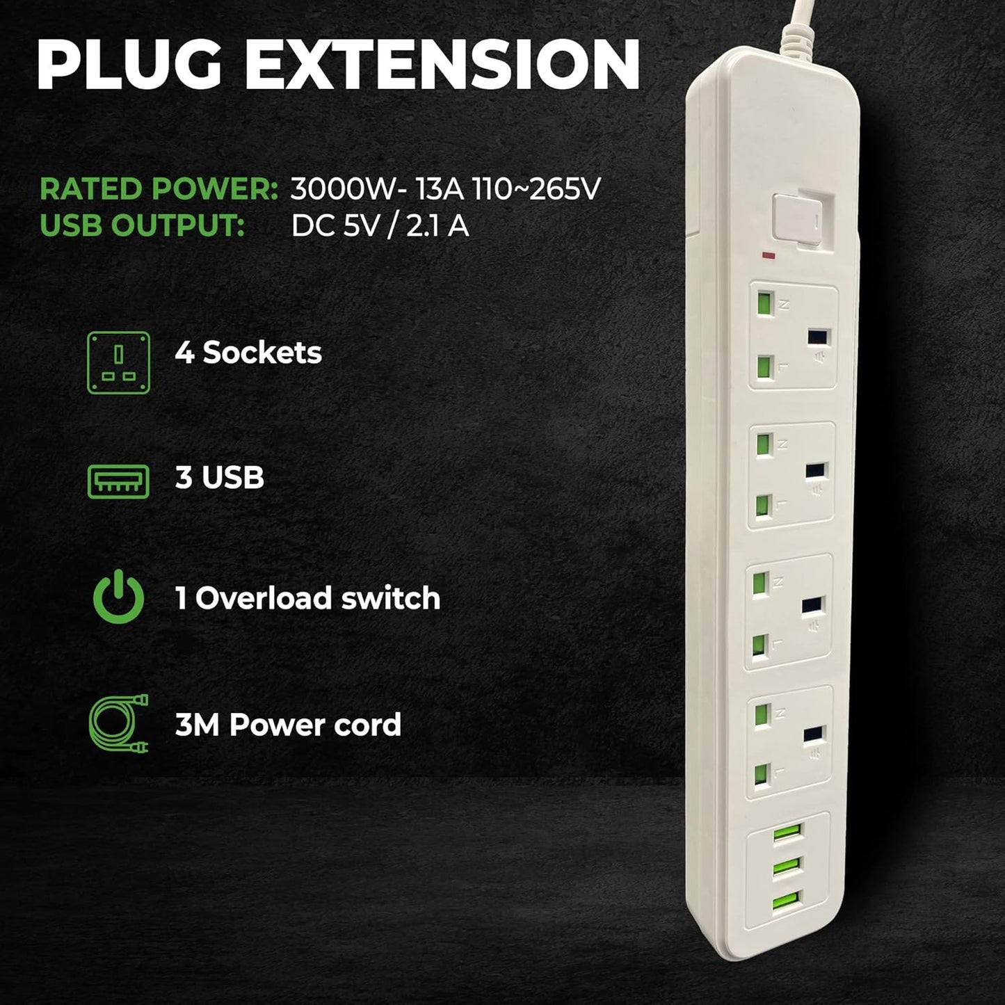 Extension Lead with 3 USB-A Ports