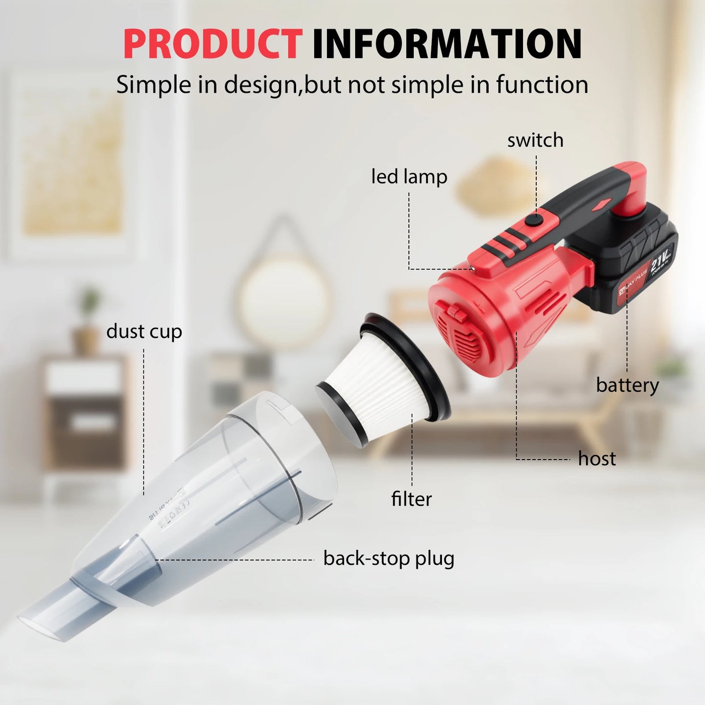 120W Cordless Vacuum Cleaner for Car, 5500Pa Suction, 2-IN-1 Handheld Car Vacuum Cleaner for Carpet, with 21V 2.2Ah Battery